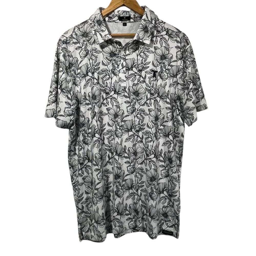 Trenton Polo Shirt Mens Sz L White Black Floral Print Golf Performance Stretch